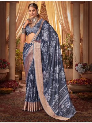 Slate Blue Cotton Silk Digital Printed Party Wear Saree