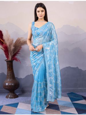 Baby Blue Twill Net Stylish Party Wear Saree