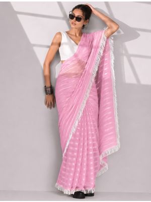 Baby Pink Chiffon Ready-To-Wear Saree With Unstitched Blouse