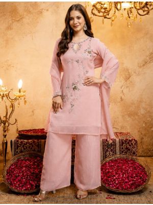 Baby Pink Crunchy Silk Embroidered Ready To Wear Salwar Kameez swatch FABSL22571