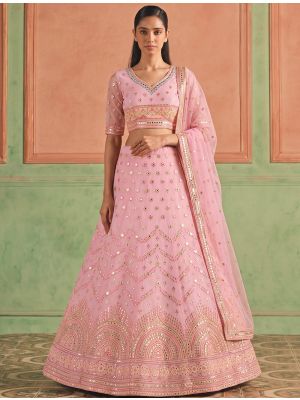 Baby Pink Organza Embroidered Lehenga Choli With Foil Mirror Work small FABLE20631
