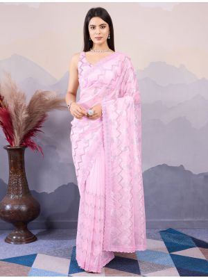 Baby Pink Twill Net Stylish Party Wear Saree