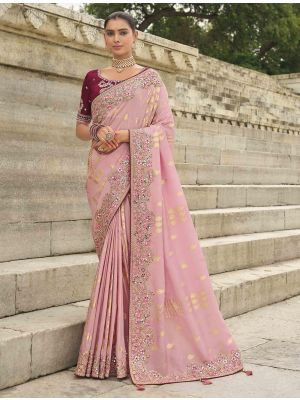 Baby Pink Viscose Tissue Silk Designer Saree