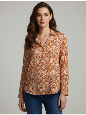 beige and rust crepe cutaway collar shirt fabku21276