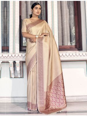 Beige Kanjivaram Silk Saree With Woven Thread Work