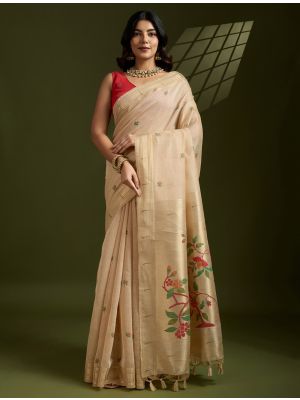 Beige Muga Cotton Saree With Paithani Weaving