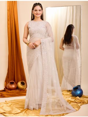 Beige Net Party Wear Saree With Sequins