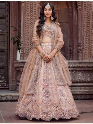 Beige Net Sequined Lehenga Choli With Thread Work FABLE20544