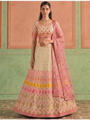 Beige Organza Embroidered Lehenga Choli With Foil Mirror Work small FABLE20628