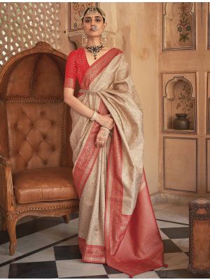 Beige Premium Banarasi Silk Saree With Traditional Zari Weaves