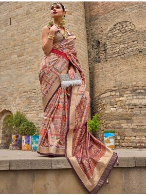 Beige Printed Silk Party Wear Saree With Woven Zari
