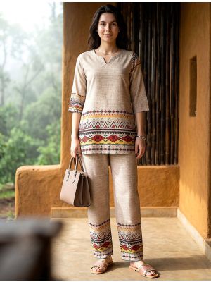 beige rayon blend digital printed co ord set fabku21298