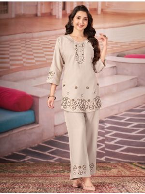 beige rayon embroidered co ord set with handwork fabku21328