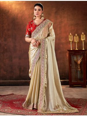 Beige Space Silk Saree With Zari And Sequin Embroidery