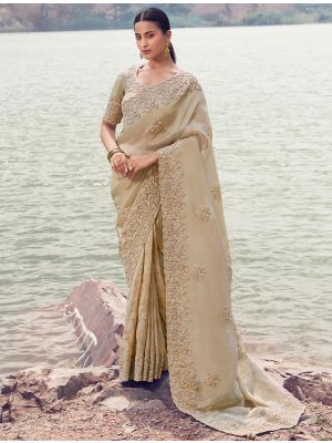 Beige Tissue Silk Jacquard Embroidered Designer Saree