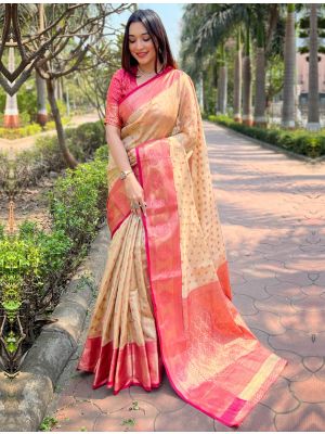 Beige Tissue Silk Saree With Woven Work