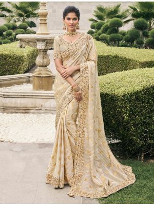 Beige Viscose Tissue Premium Designer Saree