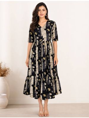black and beige rayon fit and flare tiered midi dress fabku21292