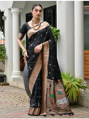 Black Banarasi Silk Saree With Paithani Weaving