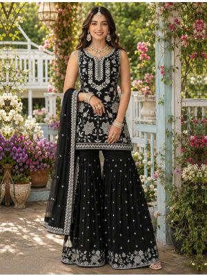 Black Chiffon Free Size Ready To Wear Sharara Suit small FABSL22541