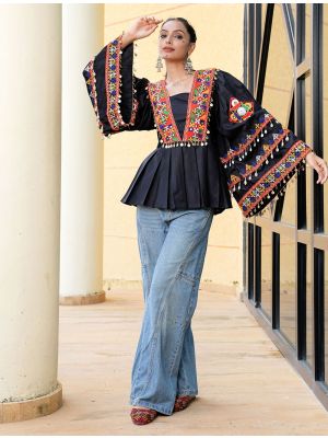 black cotton kutch embroidered festive top fabku21136