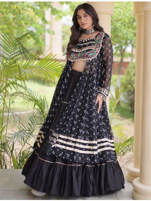 Black Cotton Ready To Wear Lehenga With Georgette Blouse small FABLE20624