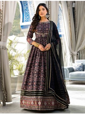 black dola silk printed readymade gown with dupatta fabgo20261