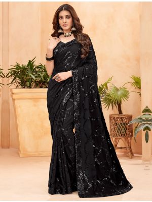 Black Georgette Blooming Saree With Sequins