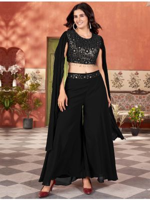 black georgette crop top palazzo set with cape sleeves fabku21127