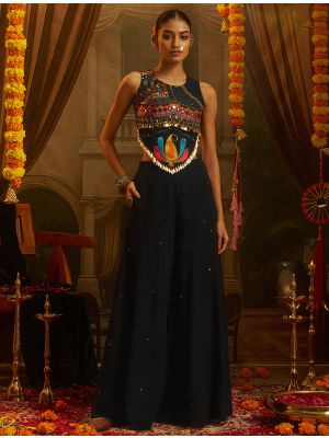 black georgette embellished crop top and palazzo set fabku21325