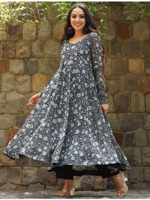 black georgette printed anarkali kurta fabku21051
