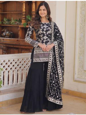 Black Georgette Readymade Sharara Suit With Zari Work FABSL21787