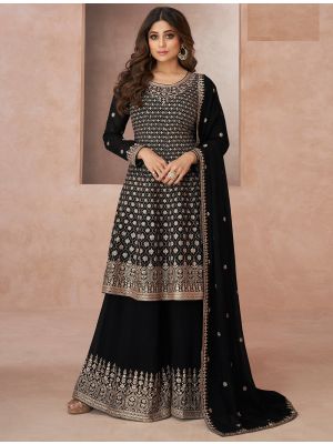 Black Georgette Semi Stitched Embroidered Palazzo Suit FABSL21623