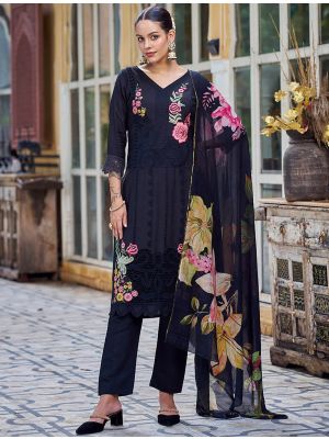 Black Muslin Salwar Kameez With Resham Embroidery And Cut Work small FABSL22020