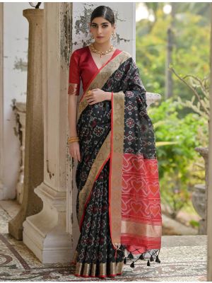 Black Raw Silk Blend Saree With Ikat Weaving