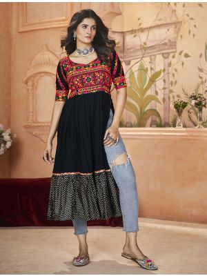 black rayon festive kurti with thread and mirror work fabku21031