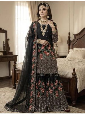 Black Silk Blend Embroidered Ready To Wear Sharara Suit FABSL22492