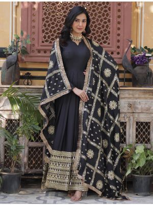 black star georgette flared anarkali gown with dupatta fabgo20346