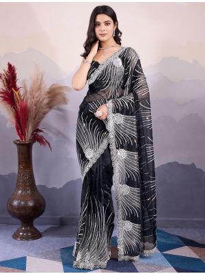 Black Twill Net Stylish Party Wear Saree