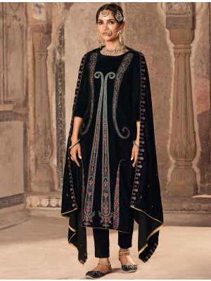 Black Velvet Salwar Kameez With Thread Work And Zari small FABSL21660