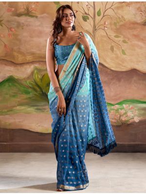 Blue Banarasi Georgette Saree With Zari Woven Motifs