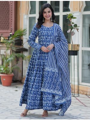 Blue Cotton Printed Ready To Wear Salwar Kameez FABSL22139