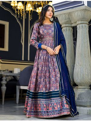 blue dola silk printed readymade gown with dupatta fabgo20260