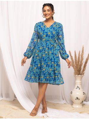 blue georgette casual wear printed frock fabku20947