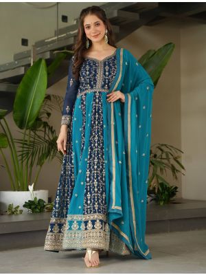 blue georgette elegant gown with dupatta fabgo20392