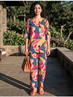 blue multi rayon blend digital printed co ord set fabku21301