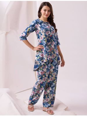 blue pure cotton printed stylish co ord set fabku20919