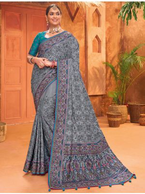 Bluish Grey Banarasi Silk Premium Saree With Kutch Work