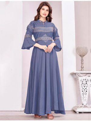 bluish grey muslin trendy embroidered gown  fabgo20429