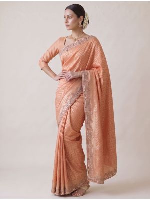 Blush Peach Banarasi Silk Embroidered Saree